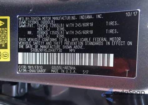 2018 Toyota Highlander Le из США, поврежденный, VIN 5TDBZRFH5JS487730